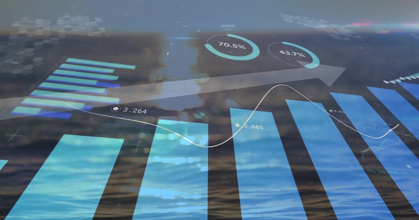 On start translucent teal bars rising, rings updating, line shifting, arrow moving visualizing data