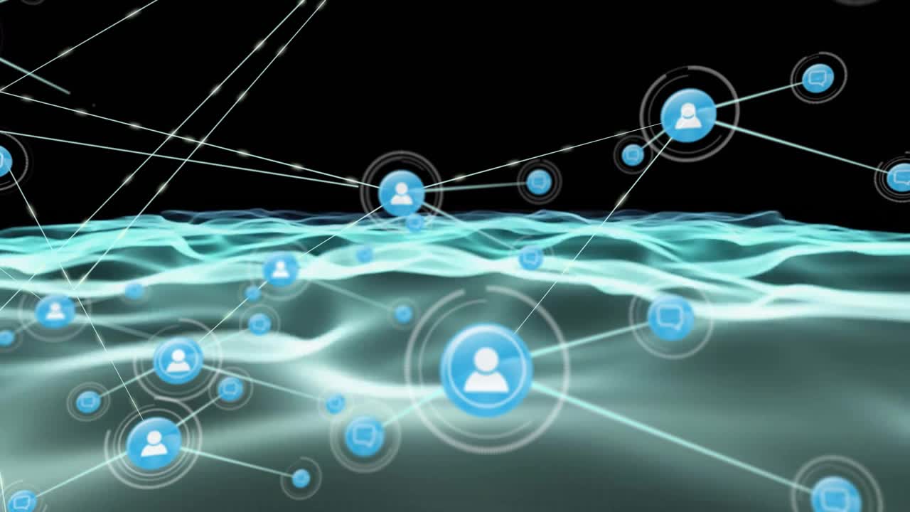 Animation of network of connections with icons over green mesh on black background