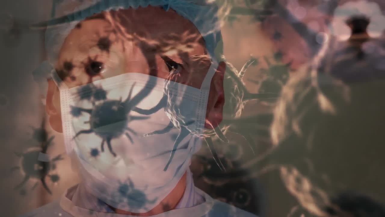 animación de células de virus flotando sobre el médico masculino durante la cirugía