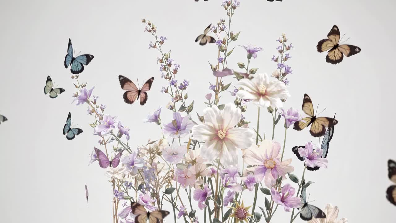 Vista aerea di delicati fiori color pastello e farfalle su uno sfondo tenue, per creare un'atmosfera serena