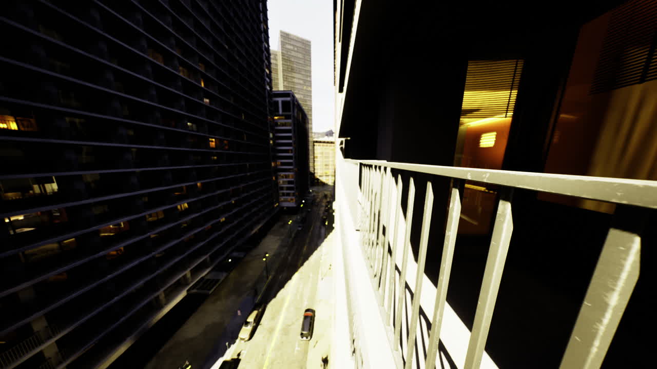 Urban balcony view overlooking a bustling street under bright sunlight
