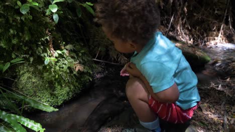 un niño pequeño jugando en un pequeño arroyo de la selva tropical