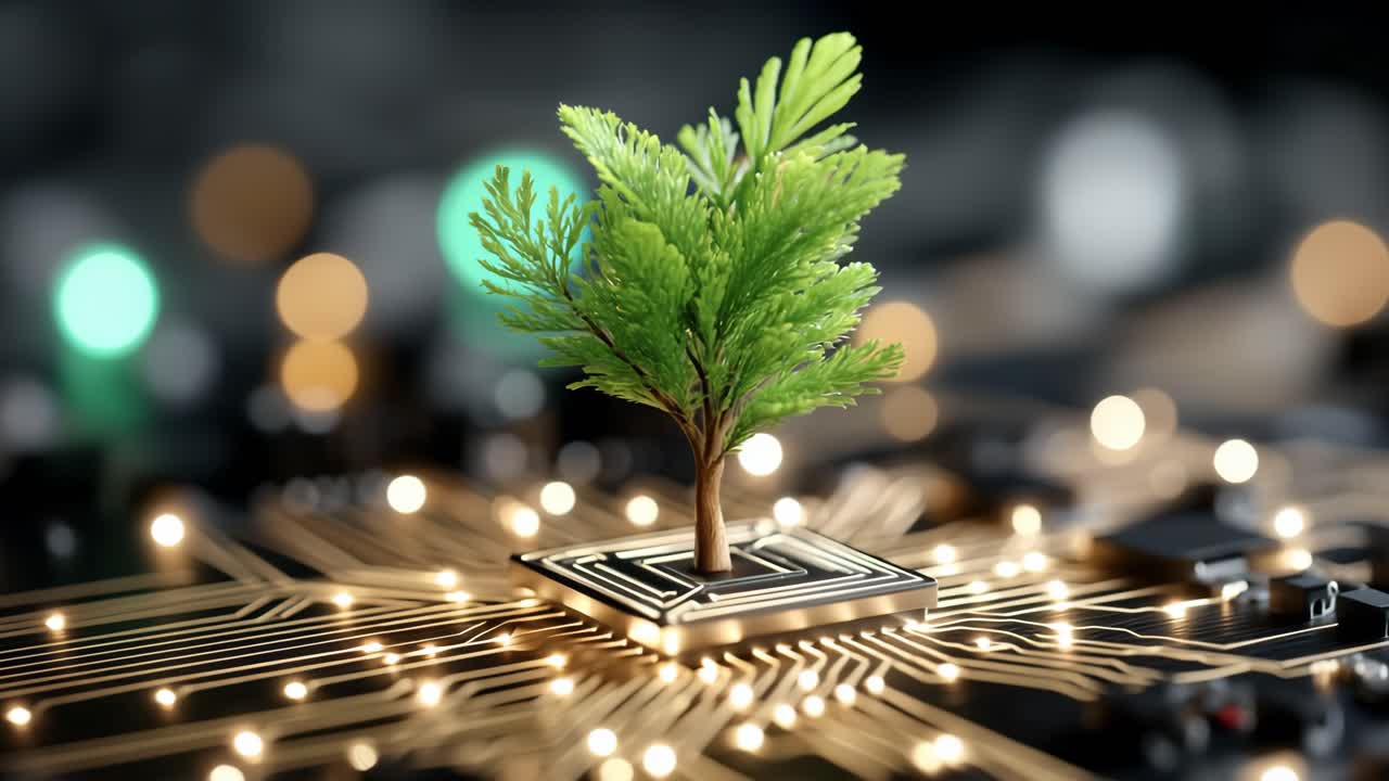 Tree on circuit board symbolizes tech. A small green tree grows from a circuit board, symbolizing nature's link to technology in modern settings.