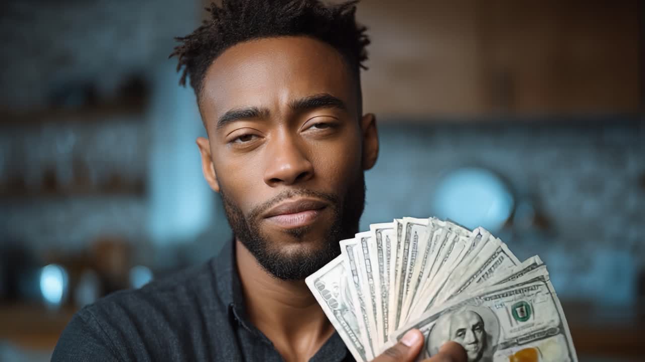 Uomo sicuro di sé che tiene in mano dei contanti, che mette in mostra il successo finanziario e la prosperità in un interno moderno, ripreso in due fotogrammi di una sequenza video dinamica