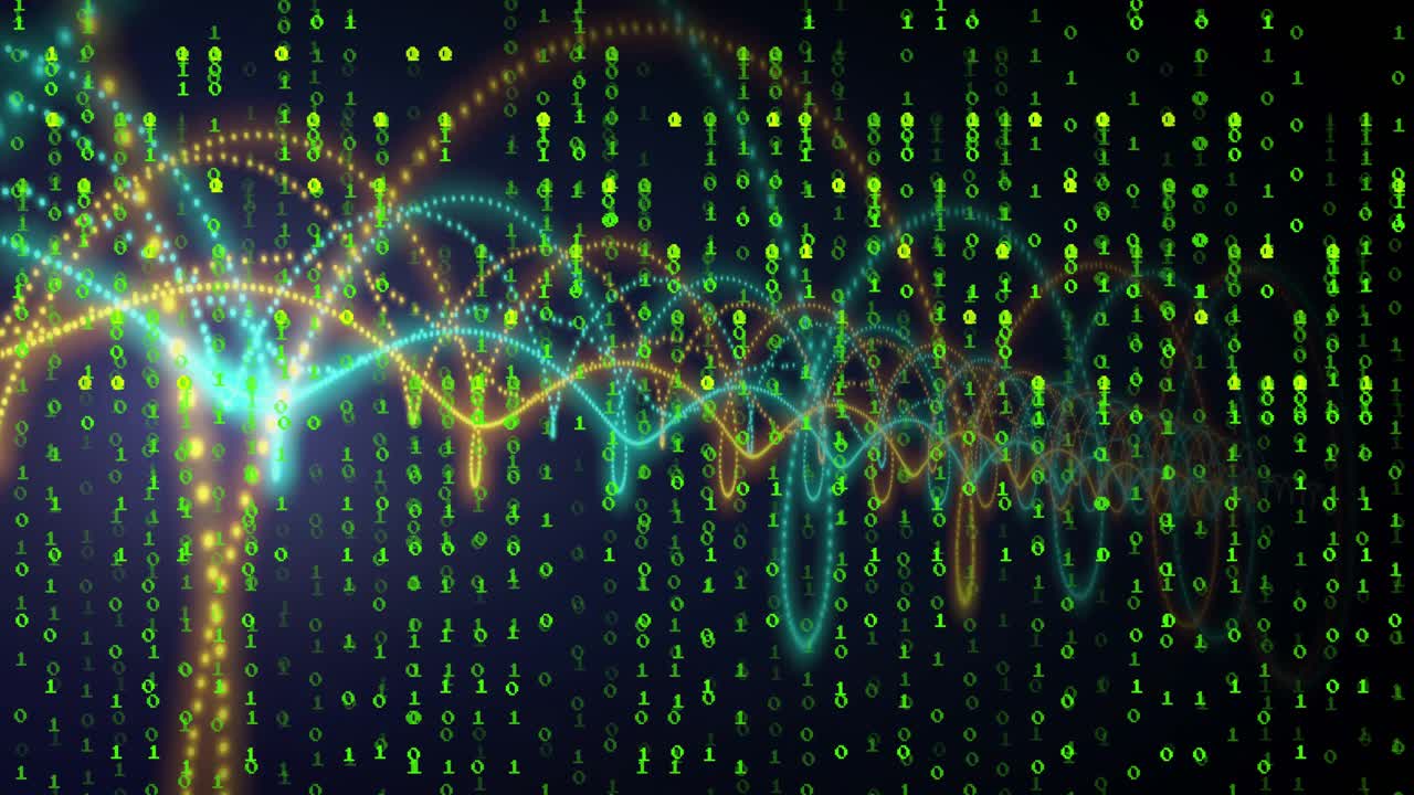 Flare sparking cyan and gold waves oscillating then drifting right showing flow over binary code