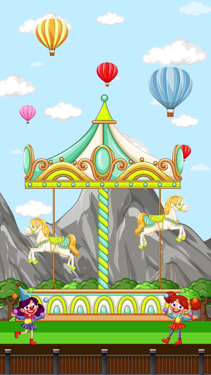 Colorful Cartoon Amusement Park with Clowns and Rotating Carousel
