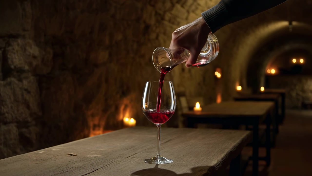 Liquido rosso intenso scorre costantemente in calici trasparenti mentre una caraffa di vetro viene inclinata a mano, con muri in pietra grezza, passaggio ad arco, tavoli in legno e una soffusa luce di candele sullo sfondo