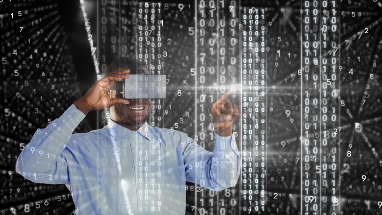 tenendo il tablet e interagendo, l'uomo circondato da animazione in codice binario