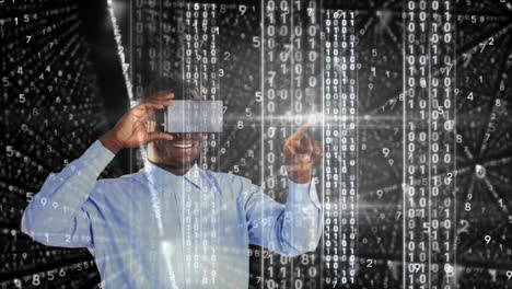 holding tablet and interacting, man surrounded by binary code animation