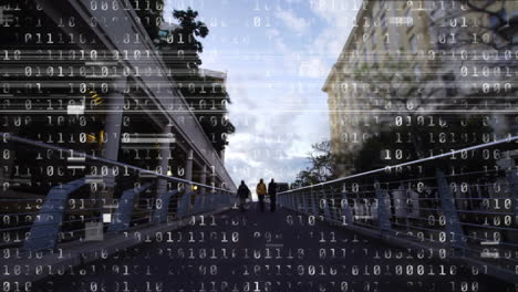 binary code animation over people walking on city street