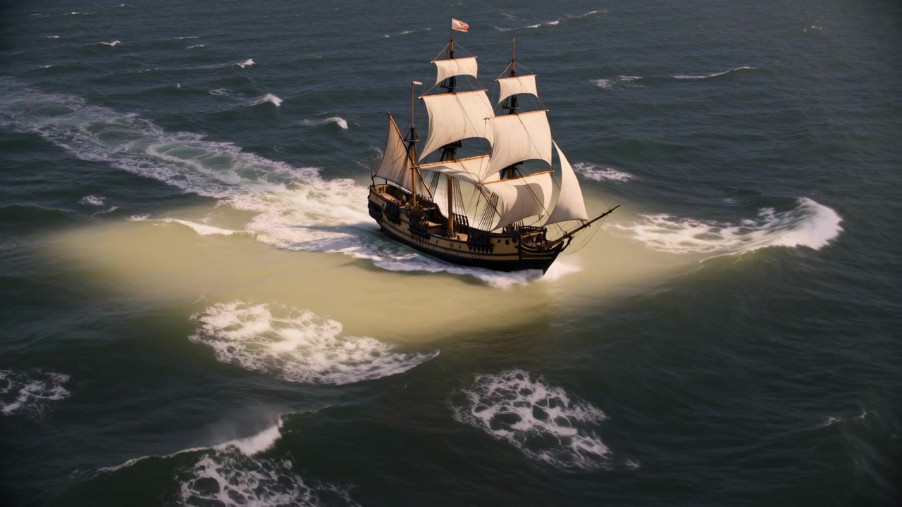 Ein segelndes dreimastiges Holzschiff fährt über offenes Meer, der Wind füllt die Segel, mit einem blassen Fleck darunter.