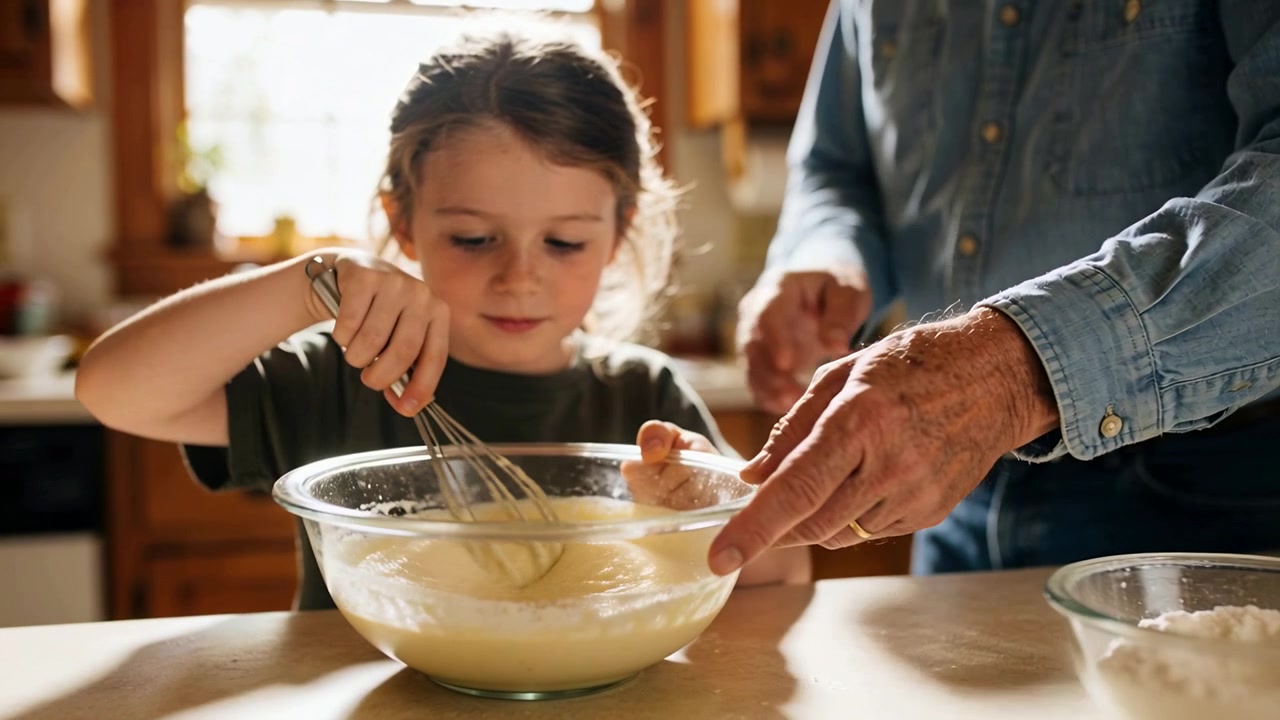 Stirring child whisking batter at home counter as adult placing hand steadying bowl to mix