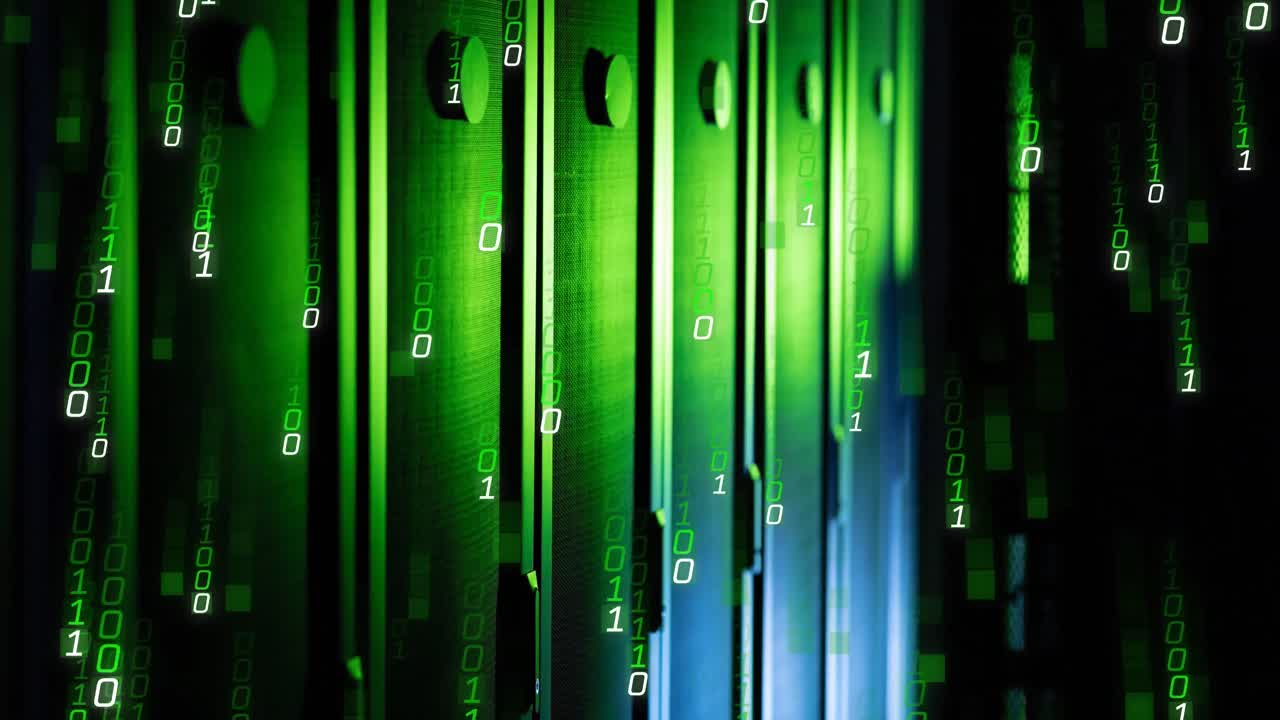 Animation of falling binary codes over sever racks in server room