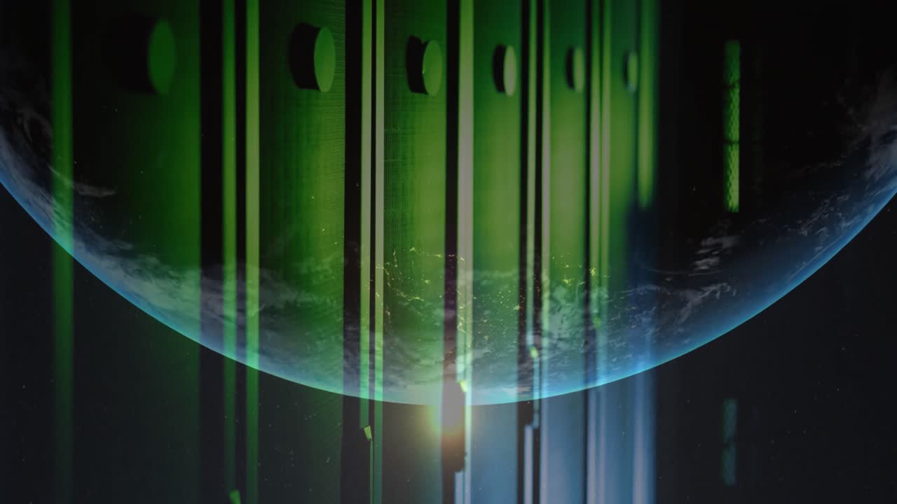 animación del globo giratorio y el destello de la lente sobre la sala del servidor en el fondo