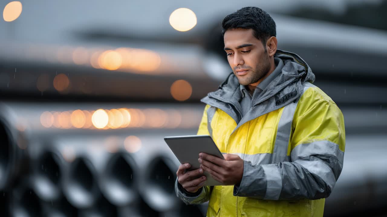 Man in Safety Gear Using Tablet