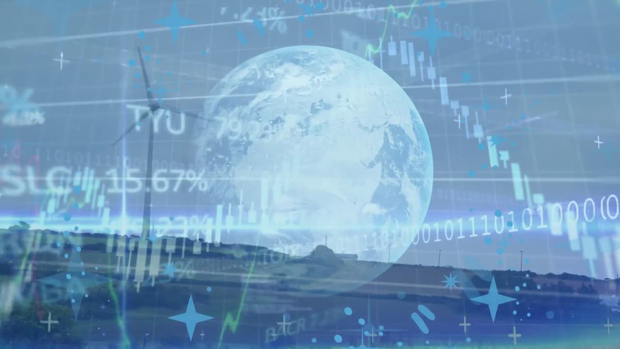 Animation of financial data, globe and landscape with wind turbine