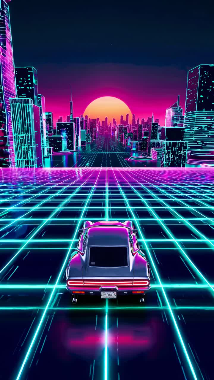 Retro-futuristic cityscape with neon grid, viewed from a low angle behind a car, evoking 80s video