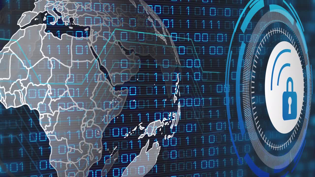 Animation of data processing with padlock icon over globe and blue background