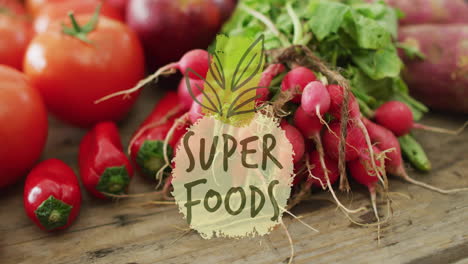 super foods text animation over fresh vegetables on wooden surface