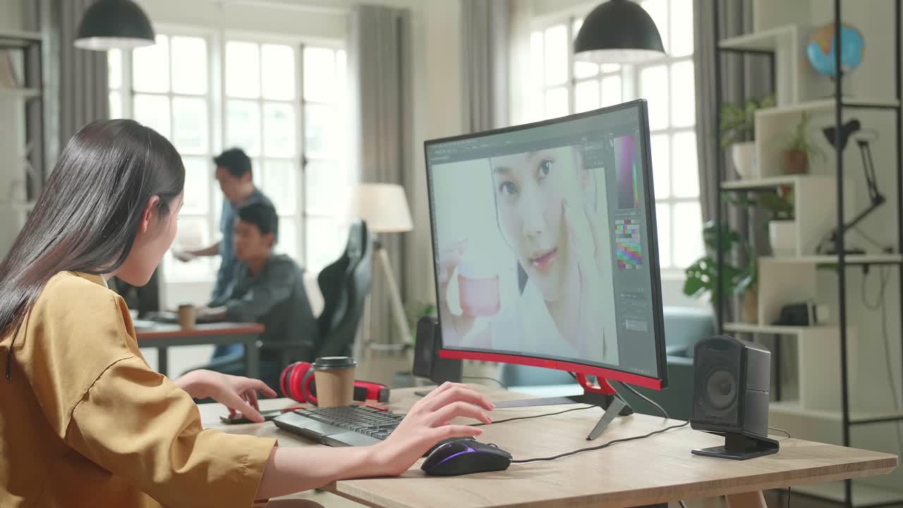 Asian Female Digital Editor Talking On Mobile Phone While Works In Photo Editing Software On His Personal Computer In Office