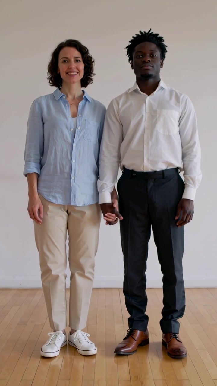 Video verticale: Coppia che si tiene per mano, si sposta davanti a una parete semplice, mostrando il loro legame in camicia.