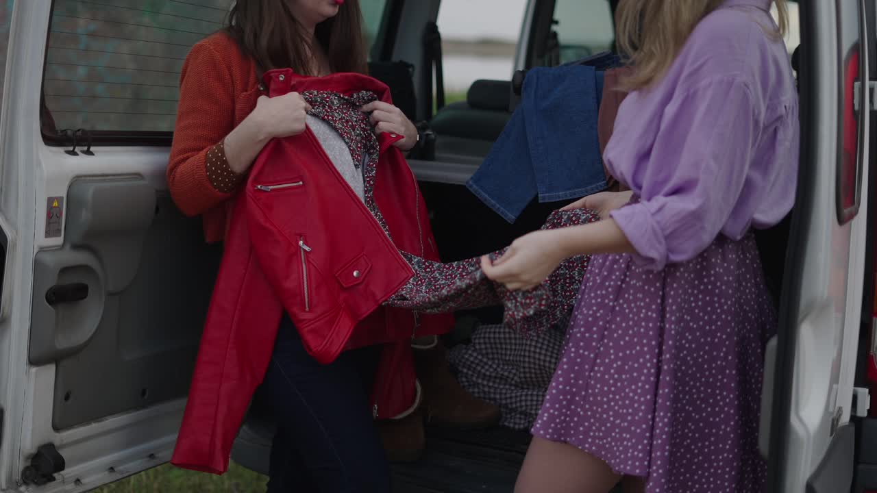 Friends Shopping for Clothes in a Car Trunk