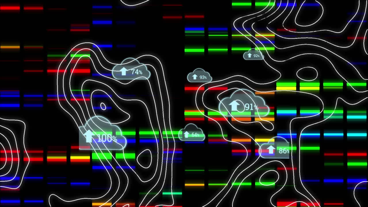 움직이는 기둥과  ⁇  선 위에서 점점 더 많은 수의 구름의 애니메이션