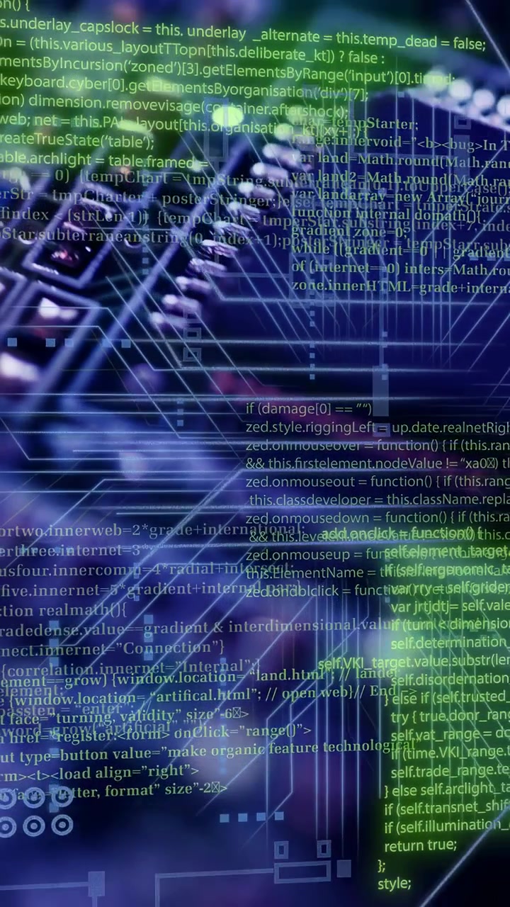 Video verticale: LED blu che pulsa, PCB e chip che si spostano, tracce al neon che si animano per mostrare il flusso di dati.