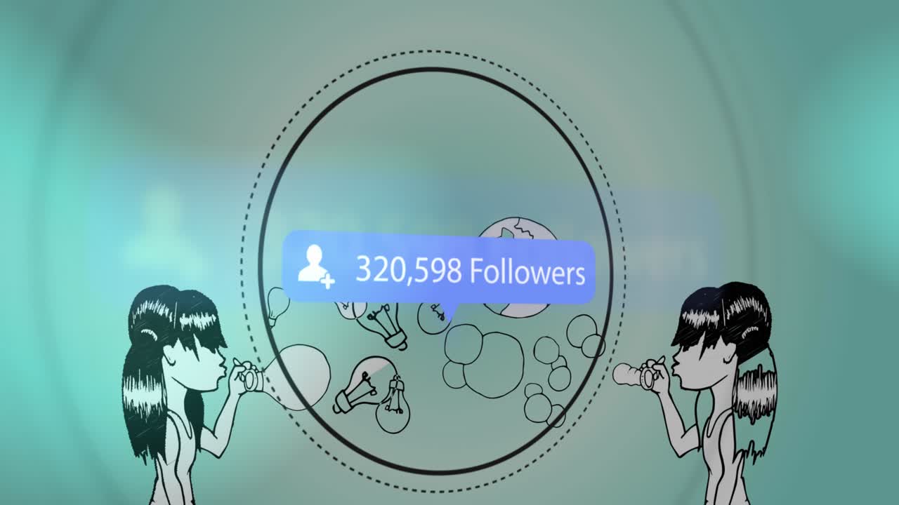 Animation of girls with light bulbs, globes, plants and clouds with followers icon and numbers