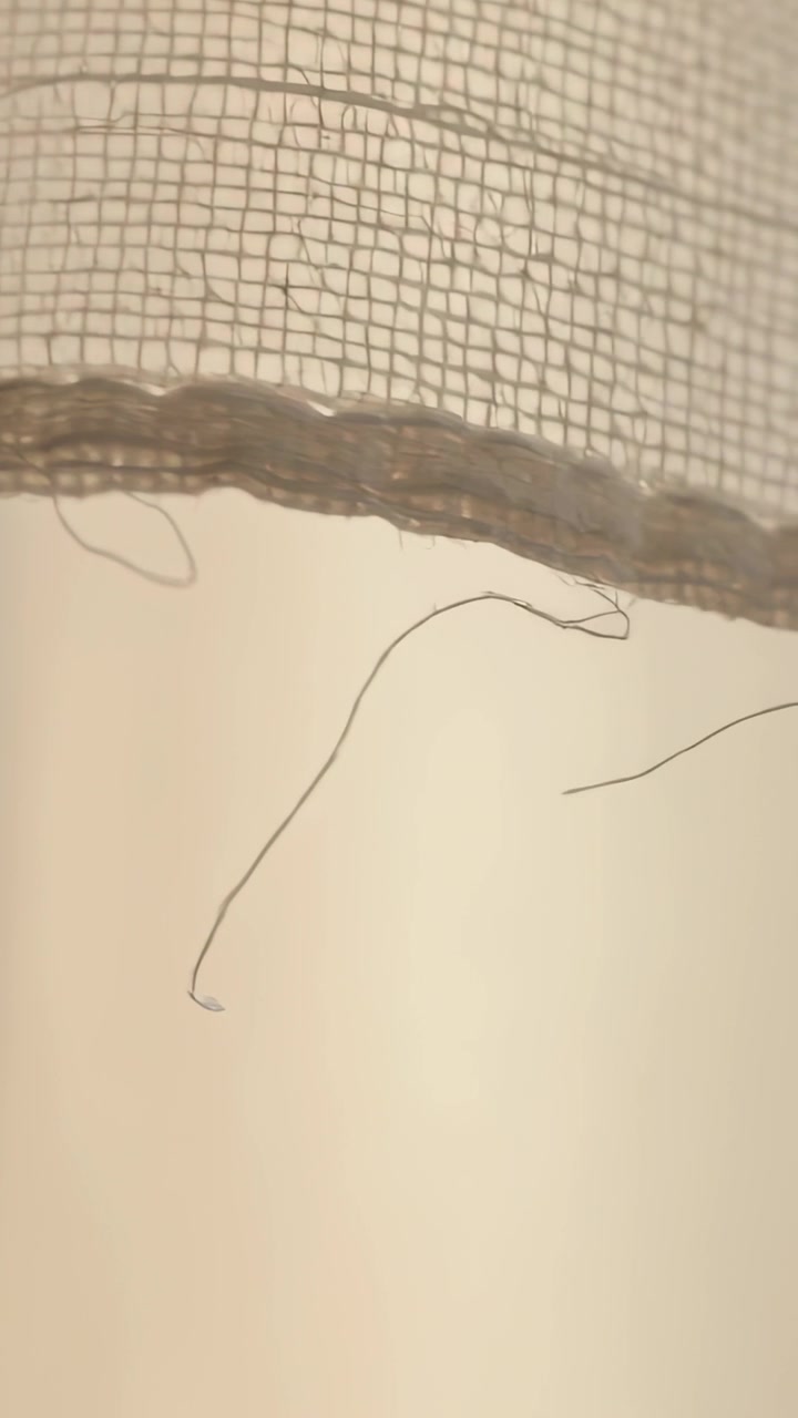 Video verticale: Ondeggiando per una leggera brezza, orlo cucito che si sposta a destra vicino alla finestra, fibre pendenti.