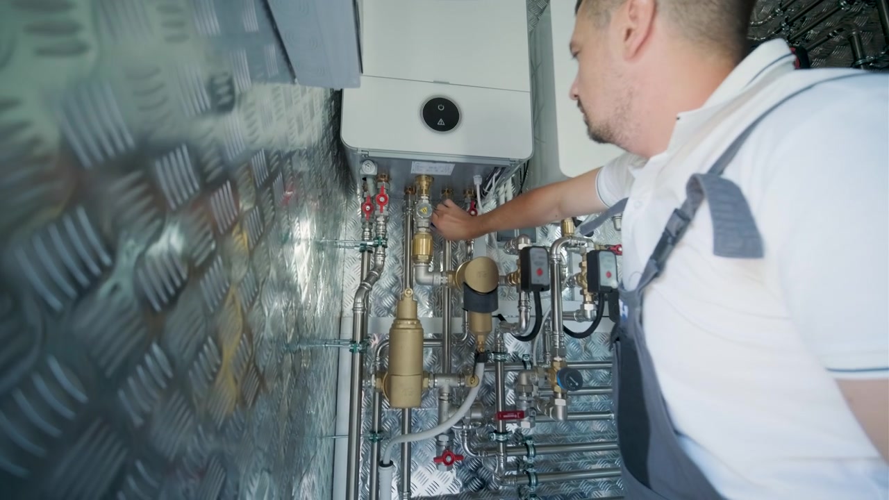 Professionel tekniker installerer og justerer et varmesystem i en bolig
