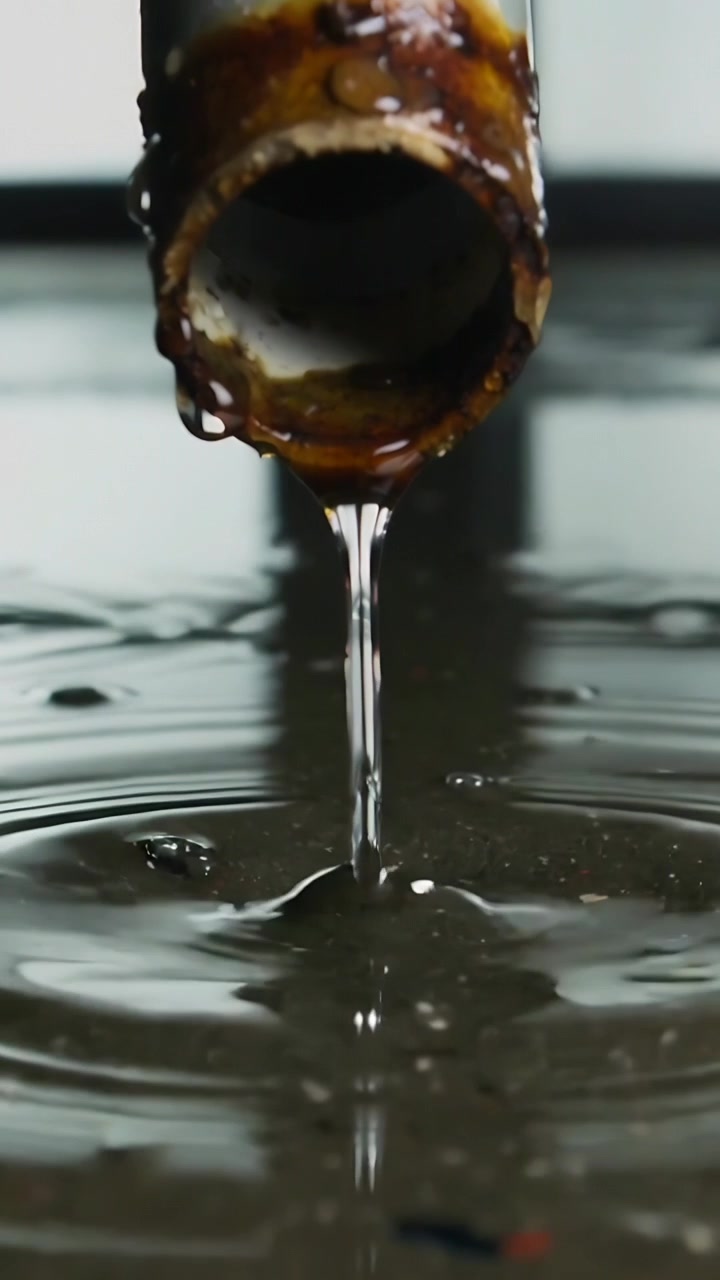 Video verticale: La bocca di un tubo corroso che perde fa cadere gocce in una bacinella poco profonda, creando increspature.