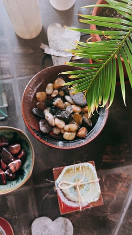 peaceful home decor with plants and stones