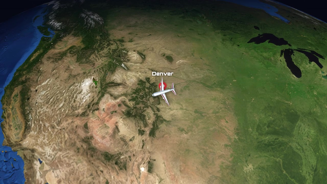 Satellite view animation follows a commercial airplane flying from Toronto to Denver across North America