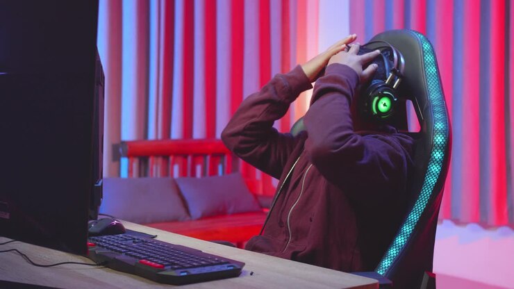 Ung mandlig gamer med hovedtelefoner på føler sig ked af det, taber et computerspil