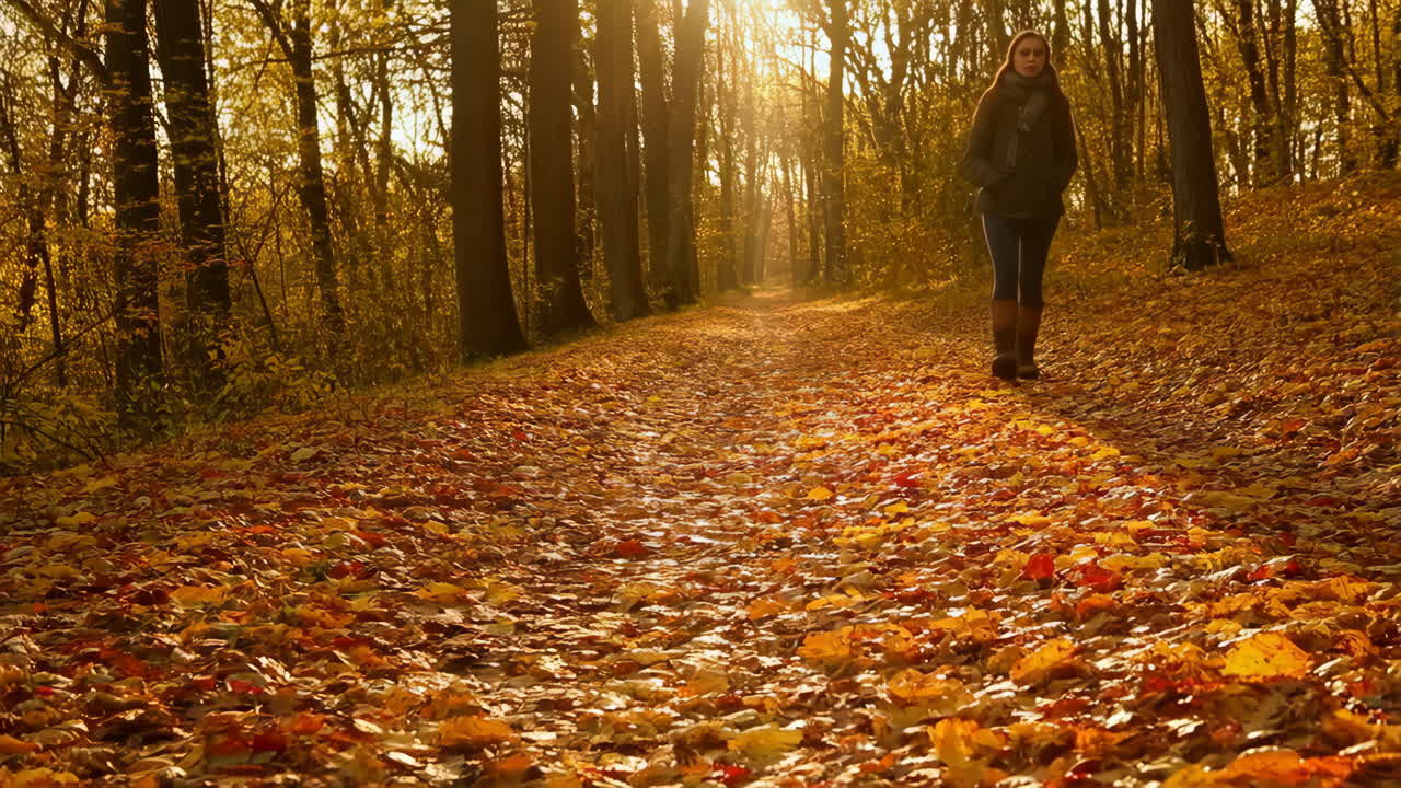 Woman Walking on an Autumn Forest Path with Golden Sunlight
