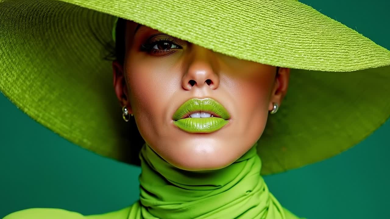 A woman wearing a green hat and green lipstick