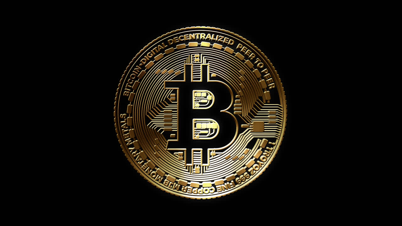 Moneta Bitcoin dorata che ruota su sfondo nero