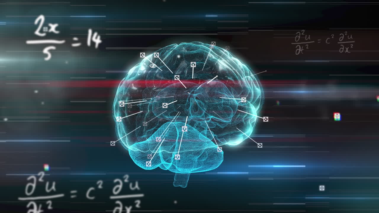 Animation of digital brain and mathematical equations on black background