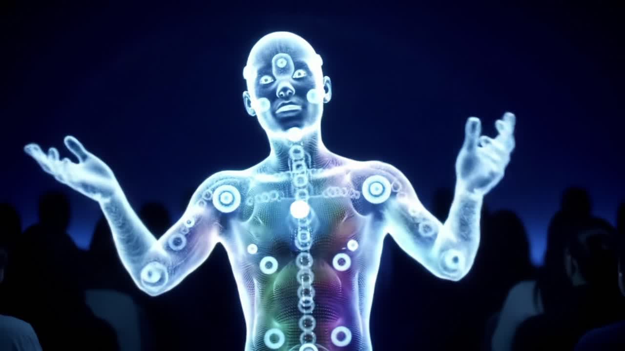 A Glimpse into the Future of Technology: A Holographic Representation of the Human Body Interacting with Global Data and Insights in a Captivating Environment