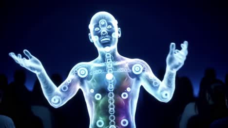 a glimpse into the future of technology: a holographic representation of the human body interacting with global data and insights in a captivating environment