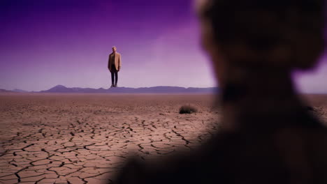 man levitating in a surreal desert landscape