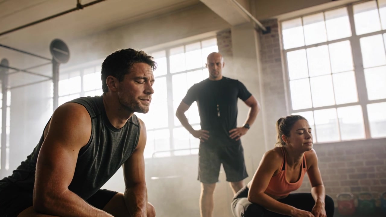 Recovering trainees wearing shorts holding resting squat at gym, trainer signaling rest, copy space