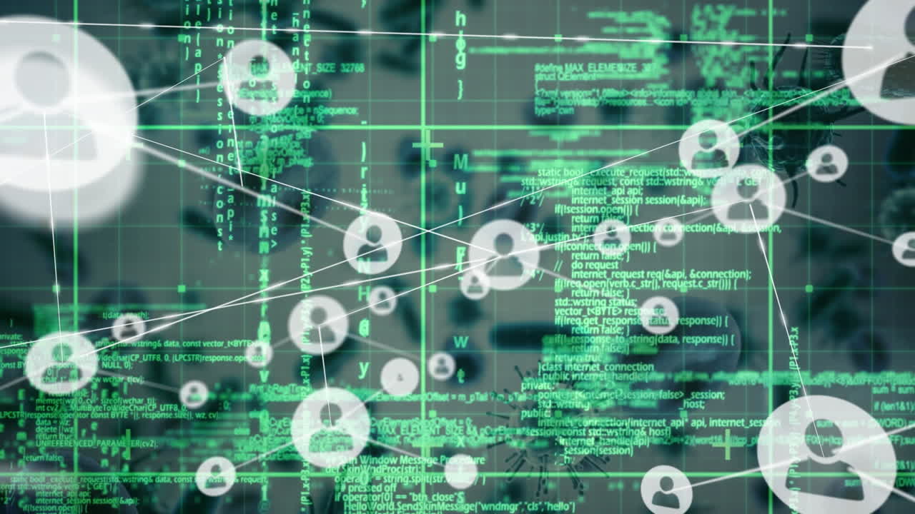 Network of profile icons and data processing against multiple covid-19 cells on grey background