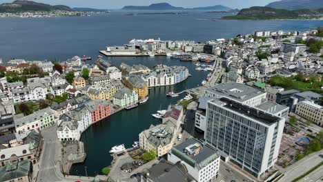 alesundet and brosundet water channel in aalesund city center norway - summer aerial