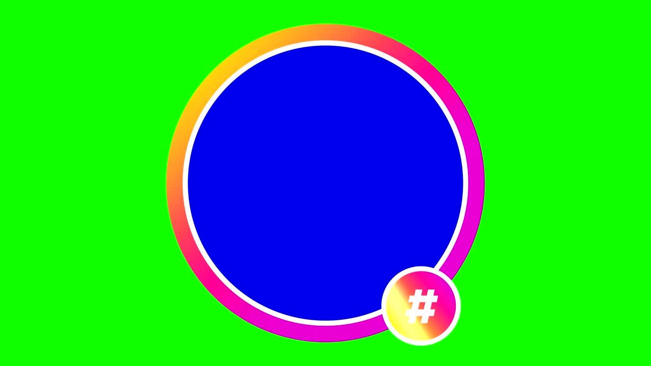 sobre un fondo verde, un marco redondo rosa brillante, con el signo hashtag debajo. dentro del marco fondo azul