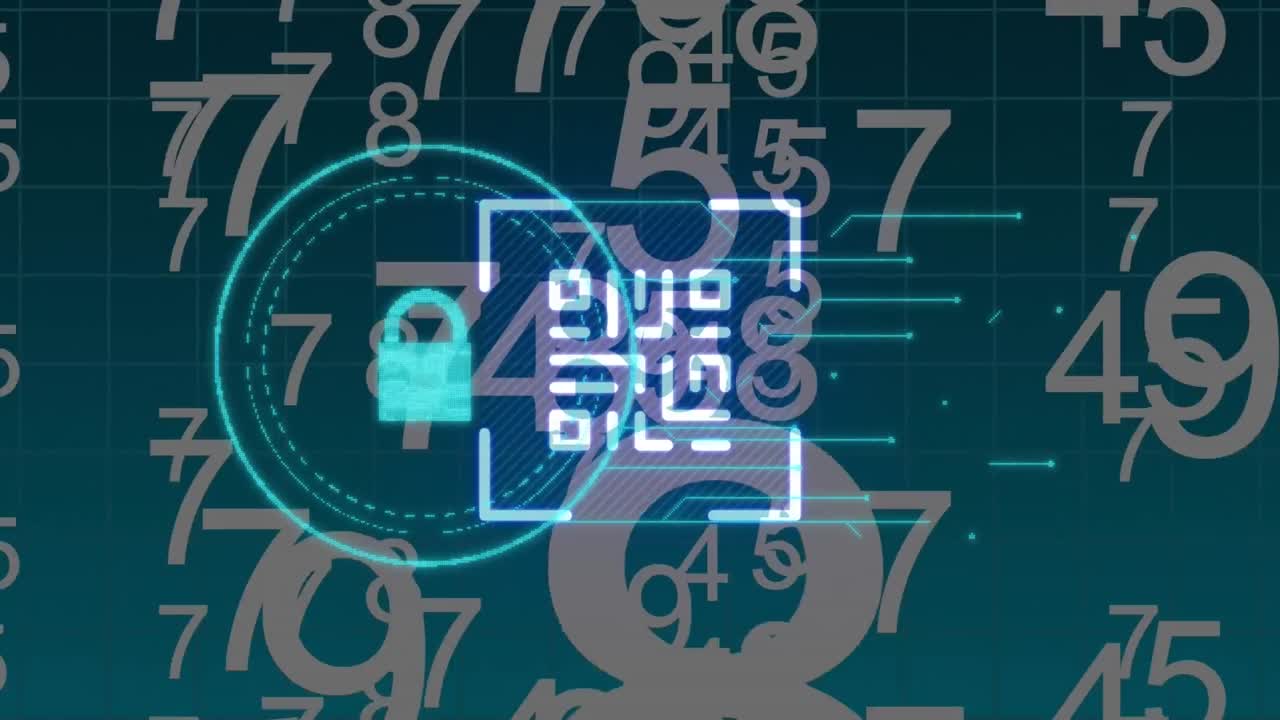 검은색 배경의 데이터 처리에 대한 qr 코드와  ⁇ 락 아이콘의 애니메이션