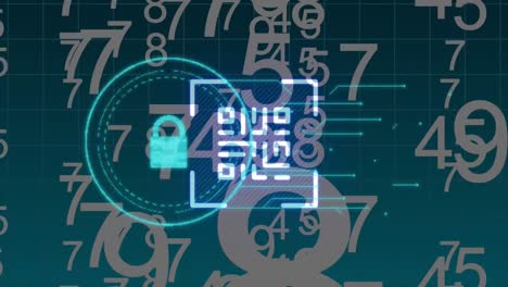 animación del código qr y el icono del candado sobre el procesamiento de datos en fondo negro