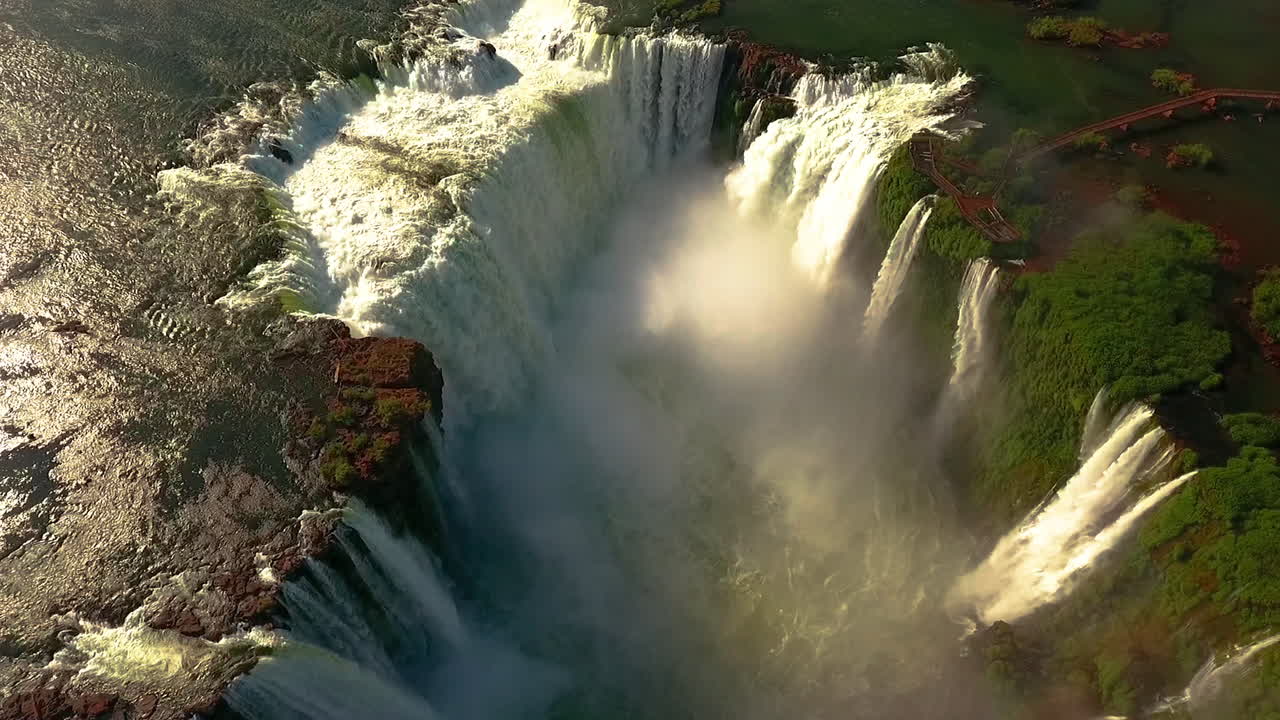 Aerial - Devil's Throat in Iguazu Falls, Argentina, wide shot directly above