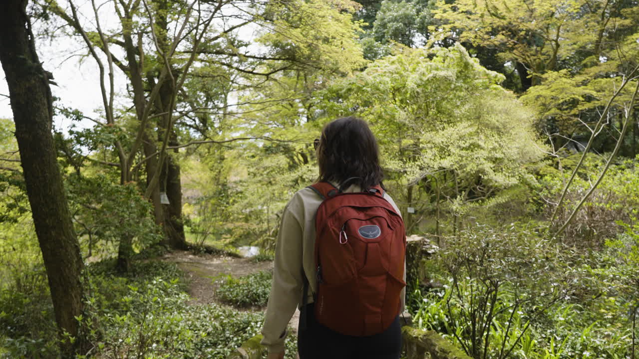 Slow motion tracking shot of a female hiker walking across a small bridge in a forest
